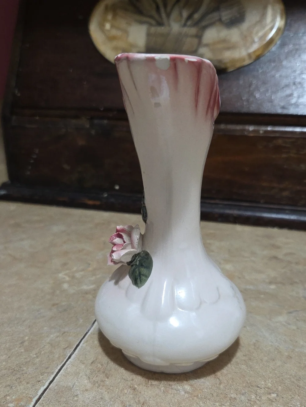 Vintage Pink and White Ceramic Bud Vase with Rose Accent